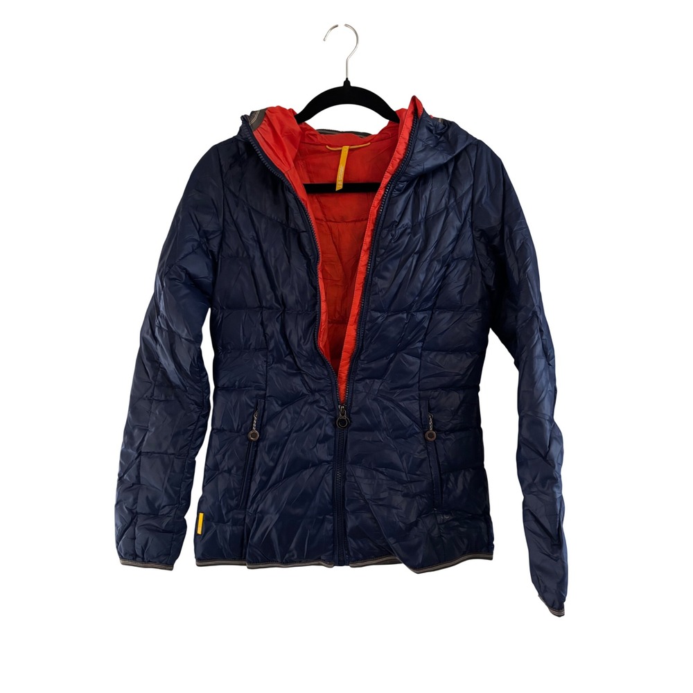 Lole Womens Navy Blue Hooded Down Puffer Jacket Orange Lining XS 2-4